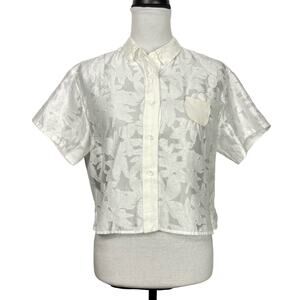 Evidence White Sheer Floral Button Up Semi Cropped Feminine Dainty Shirt Blouse